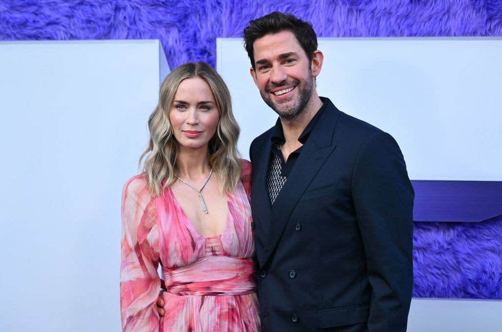 Emily Blunt with John Krasinski in a pink, flowy gown at the IF premiere 
