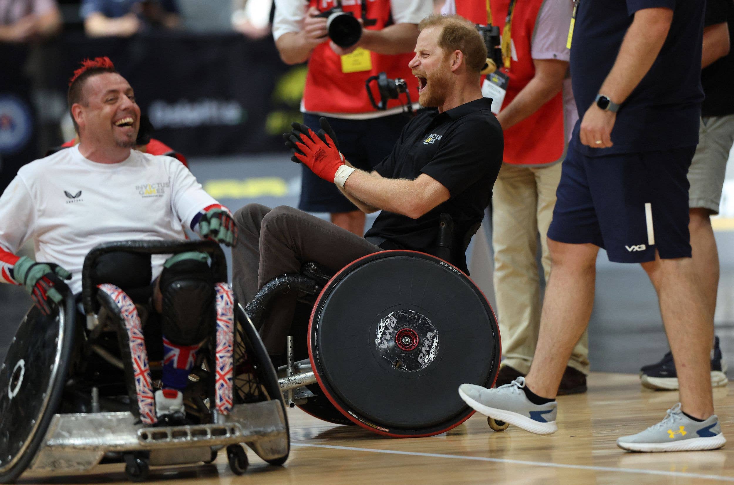 Prince Harry takes part in a wheelchair rubgy session during an event to mark the 'Invictus Games Birmingham 2027: One Year To Go'