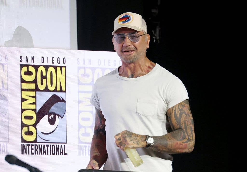 Dave Bautista speaks at the 'Avatar Aang: The Last Airbender' Hall H panel during 2026 Comic-Con International: San Diego at San Diego Convention Center on July 23, 2026 in San Diego, California.  (Photo by Amy Sussman/Getty Images)