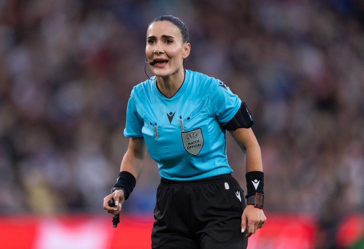 Referee Emanuela Rusta during the FIFA Women's World Cup 2027 Qualifier match between England and Ukraine.