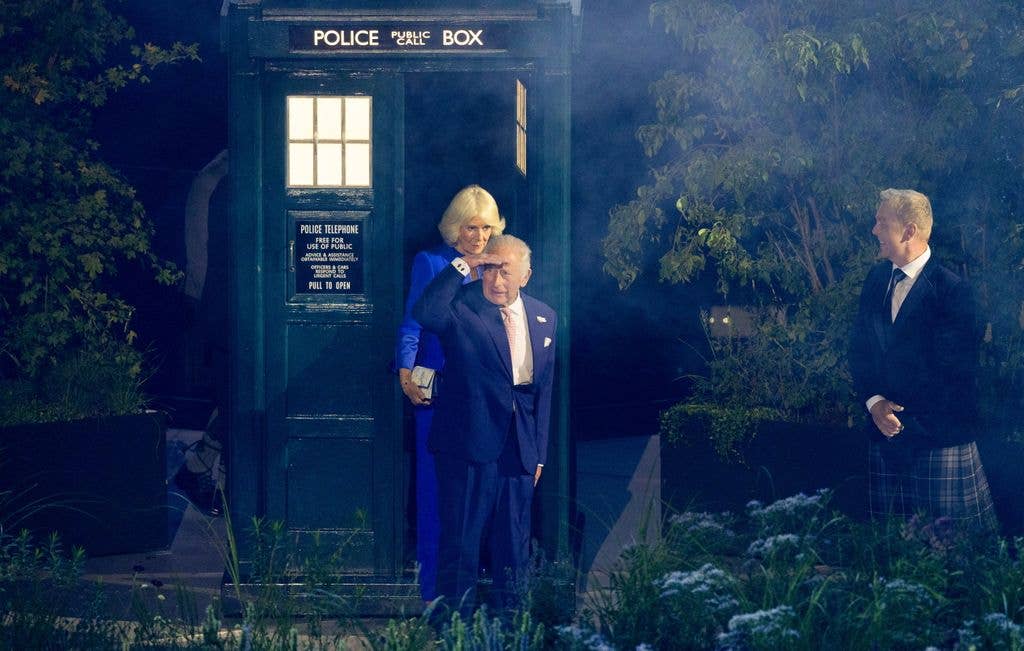 King Charles III and Queen Camilla emerge from the TARDIS during the 2026 Commonwealth Games Opening Ceremony