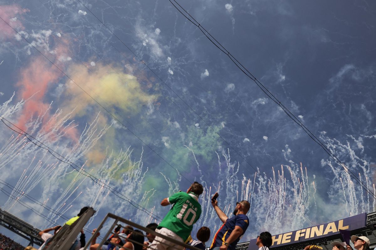 Fireworks fill the New Jersey sky as the first World Cup final halftime show comes to an end.