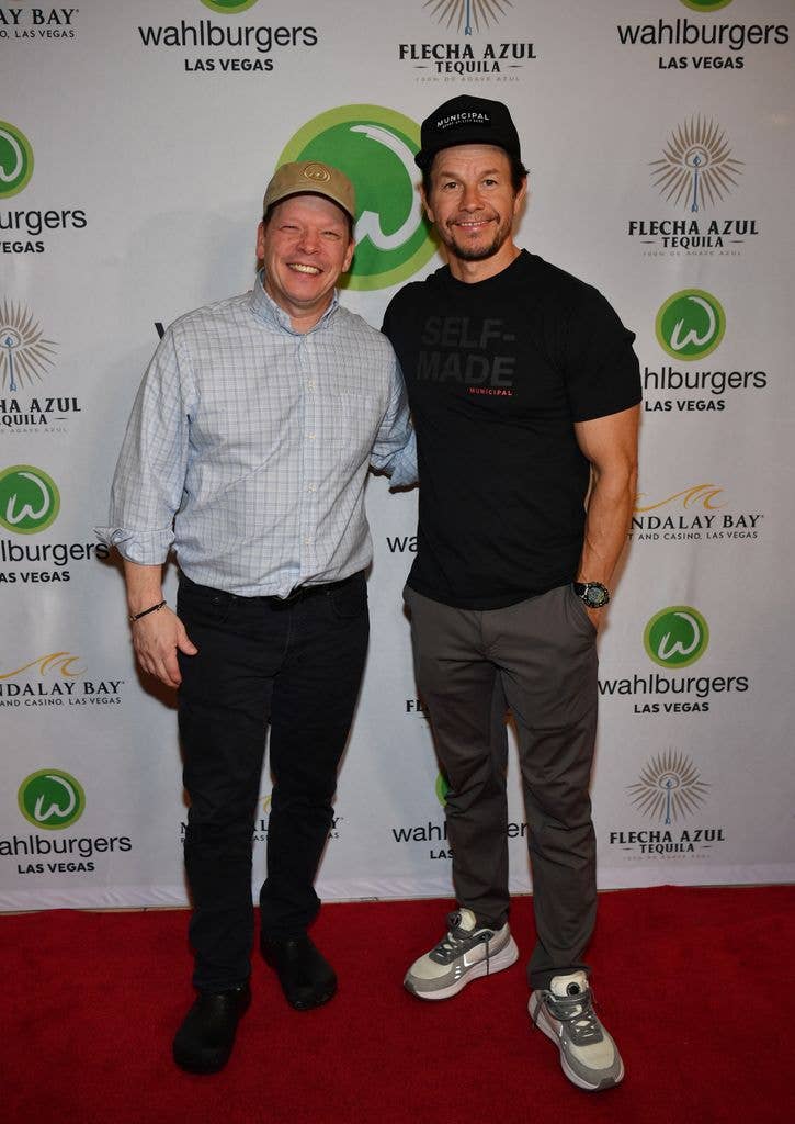 Paul Wahlberg and Mark Wahlberg arrive at the grand opening of Whalburgers At Mandalay Bay Resort And Casino on March 27, 2023 in Las Vegas, Nevada.