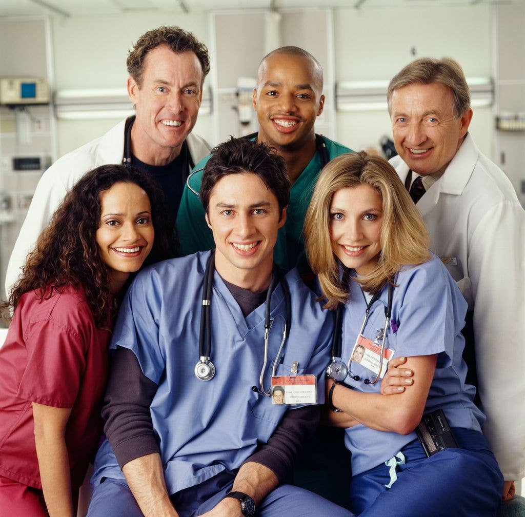 Judy Reyes as Nurse Carla Espinosa, Zach Braff as Dr. John 'J.D.' Dorian, Sarah Chalke as Dr. Elliot Reid (back, l-r) John C. McGinley as Dr. Perry Cox, Donald Faison as Dr. Christopher Turk, Ken Jenkins as Dr. Bob Kelso, Scrubs season one, 2001