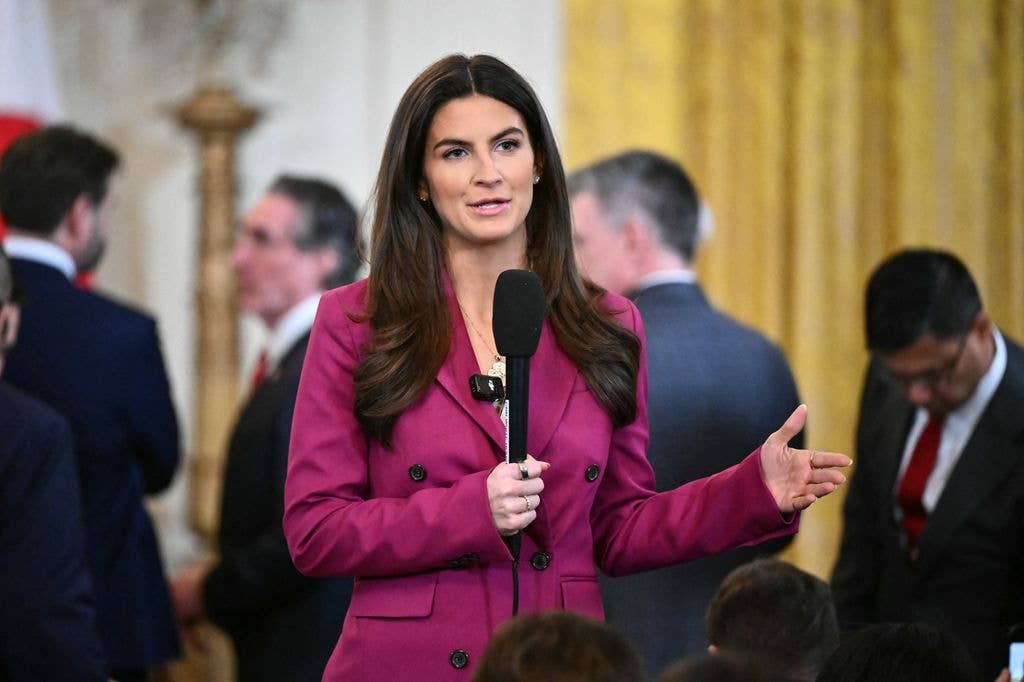 CNN broadcast journalist Kaitlan Collins speaks during a live shot before US President Donald Trump and Japanese Prime Minister Shigeru Ishiba hold a joint press conference in the East Room of the White House in Washington, DC, on February 7, 2025. (