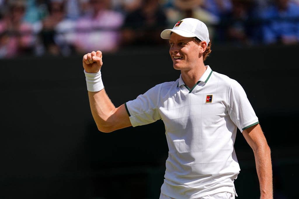 Jannik Sinner of Italy celebrates the victory in the Gentlemen's Singles Quarter Finals match against Jan-Lennard Struff of Germany on day nine of The Championships Wimbledon 2026 at All England Lawn Tennis and Croquet Club on July 07, 2026 in London, England.