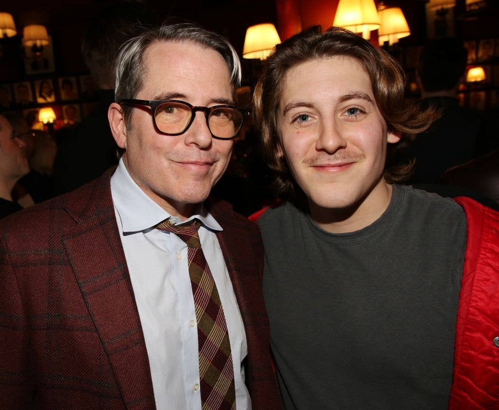 Matthew Broderick and James Wilkie Broderick pose at a book release party for Marc Shaiman's new book "Never Mind the Happy" at Sardi's on January 26, 2026.