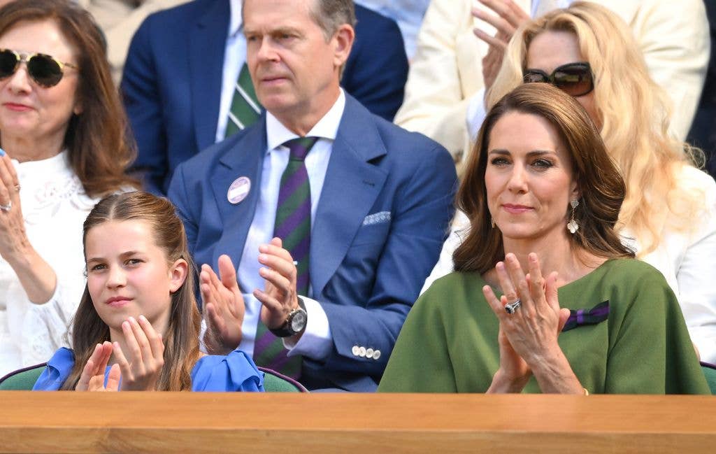 Princess Charlotte of Wales and Catherine, Princess of Wales clap as they attend day fourteen of the 2026 Wimbledon Tennis Championships at the All England Lawn Tennis and Croquet Club on July 12, 2026 in London, England. (Photo by Karwai Tang/WireImage)