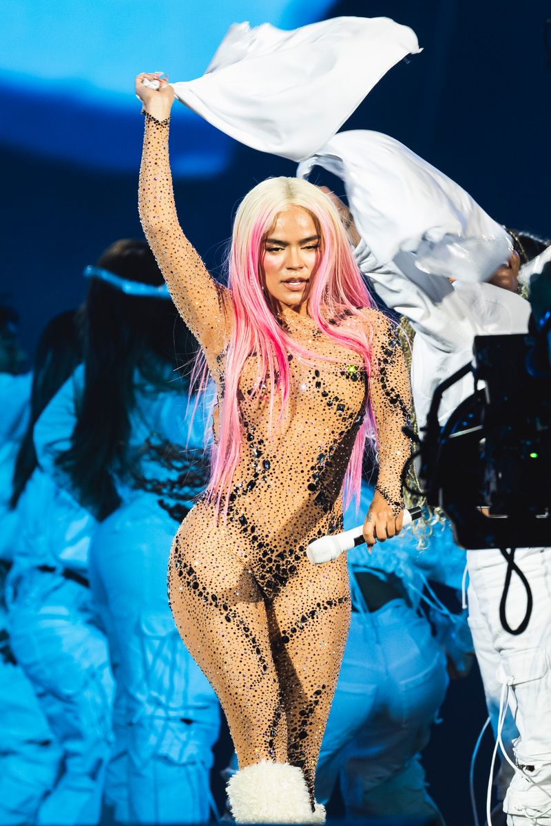 Karol G performs on stage at Santiago Bernabéu Stadium on July 20, 2024 in Madrid, Spain.