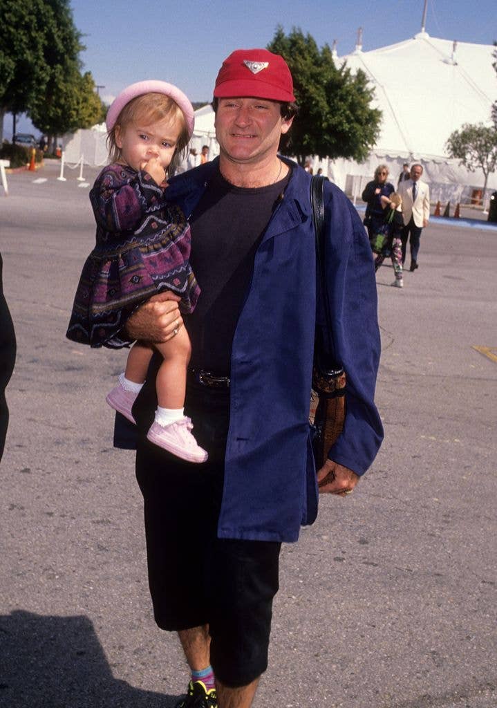 Robin Williams and daughter Zelda attend the "Teenage Mutant Ninja Turtles II: The Secret of the Ooze" Universal City Premiere on March 17, 1991 at Cineplex Odeon Universal City Cinemas in Universal City, California. (Photo by Ron Galella, Ltd./Ron Galella Collection via Getty Images)