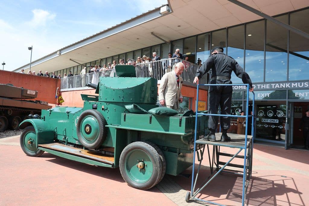 The King arrived in a 1920s Rolls-Royce Armoured Car during The Royal Tank Regiment's Families' Day