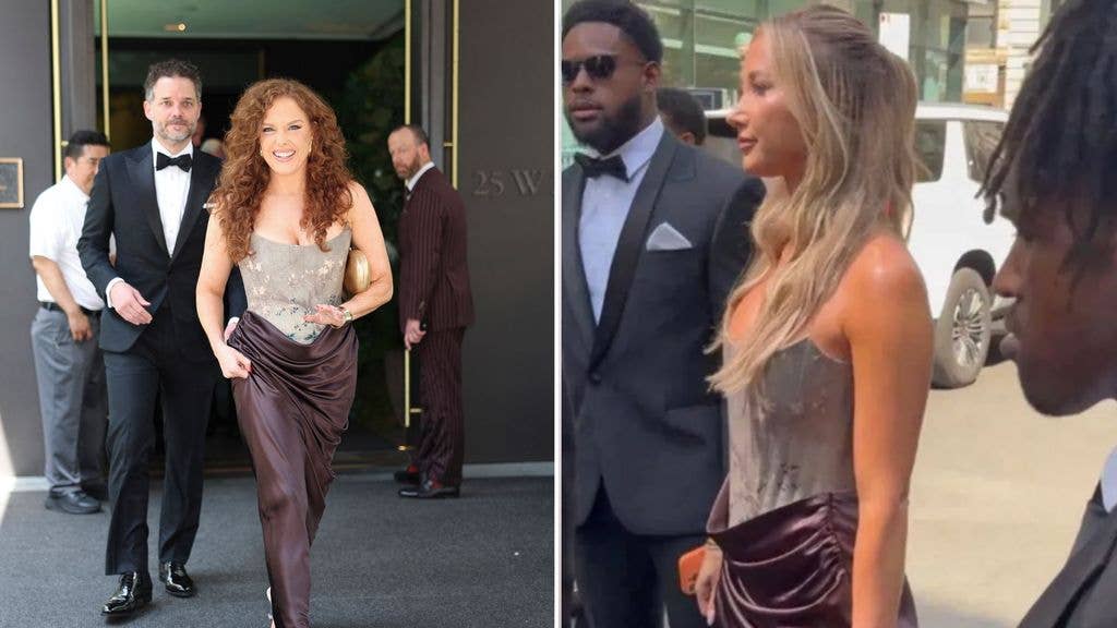 Split image of Abigail Anderson and Laura Kruk in the same dress