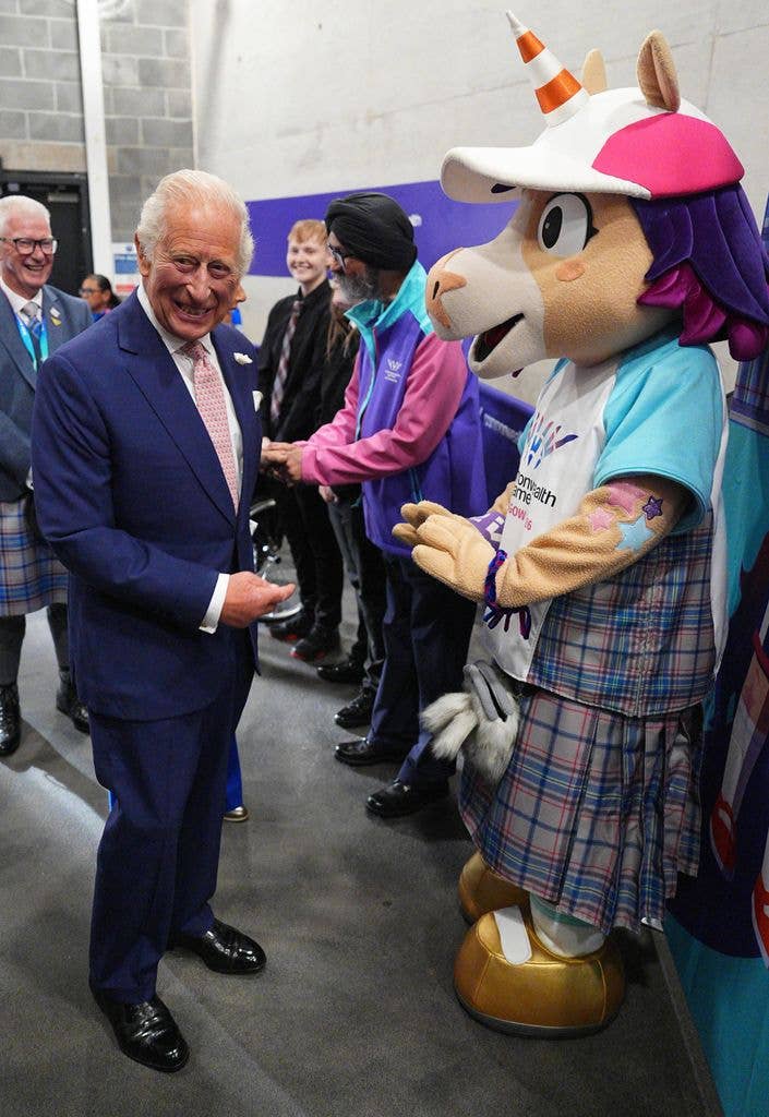 King Charles meets Finnie, the 2026 Commonwealth Games unicorn mascot, during a reception ahead of the opening ceremony of the 23rd Commonwealth Games at the OVO Arena in Glasgow, Scotland, on July 23, 2026. (Photo by Aaron Chown / POOL / AFP via Getty Images)