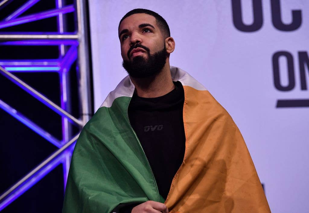 Rapper Drake stands on stage during the UFC 229 weigh-in inside T-Mobile Arena on October 5, 2018 in Las Vegas, Nevada. (Photo by Brandon Magnus/Zuffa LLC/Zuffa LLC via Getty Images)