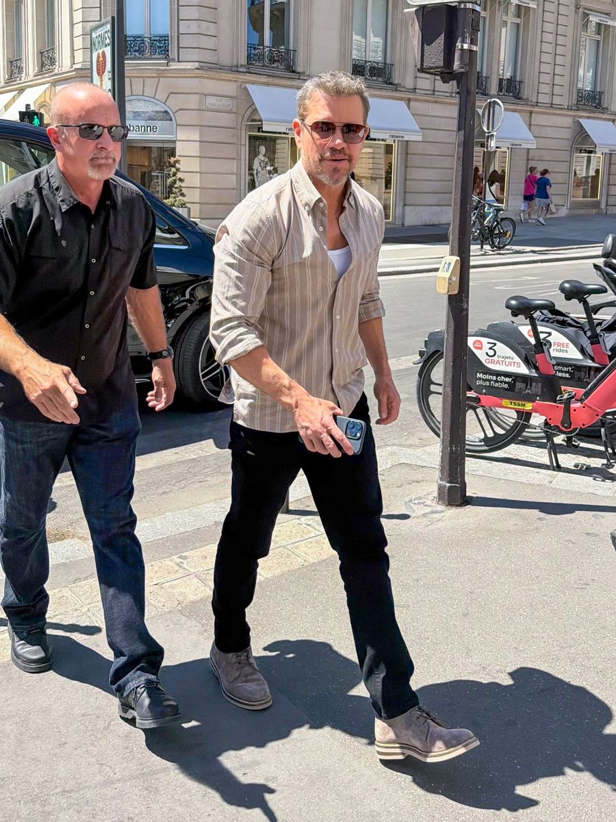 Matt Damon shows off his lean new look with wife Luciana Barroso in Paris ahead of The Odyssey release