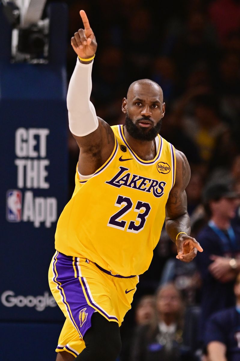 LeBron James #23 of the Los Angeles Lakers reacts during the second quarter of a game against the Oklahoma City Thunder