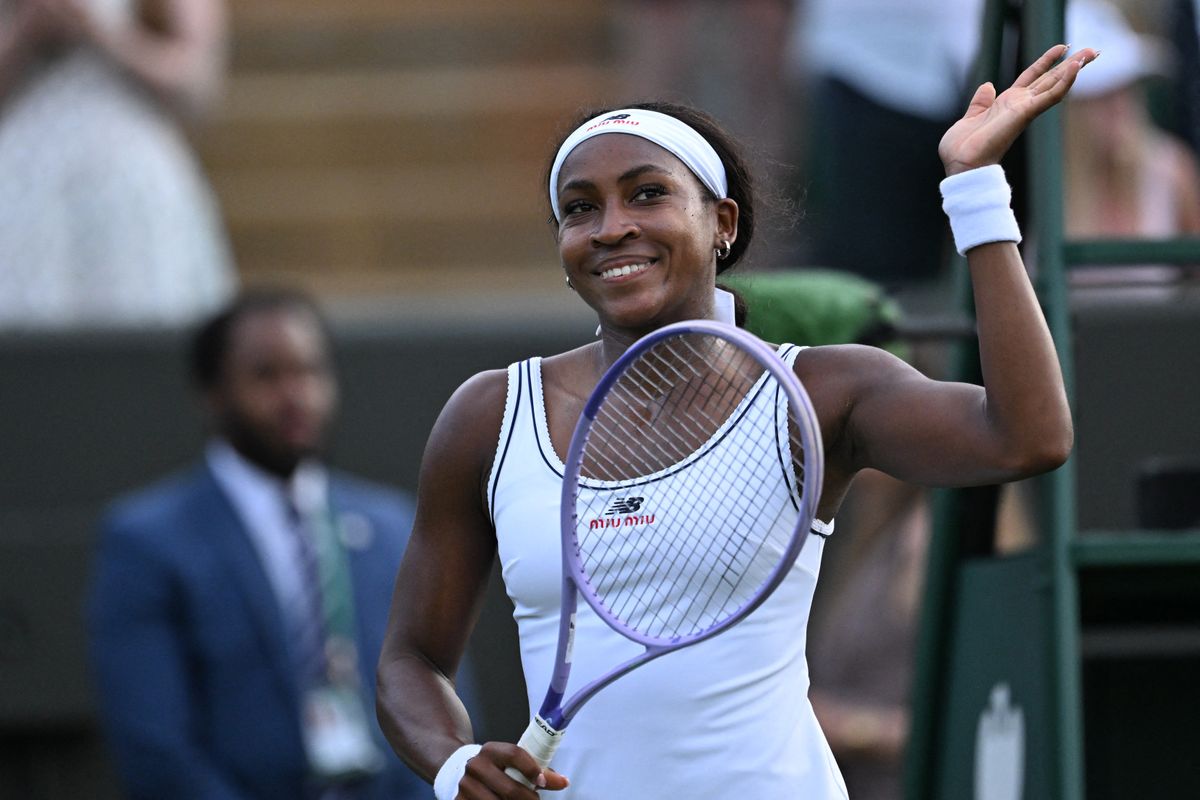 US player Coco Gauff celebrates winning Germany's Tamara Korpatsch during their women's singles first round tennis match on the first day of the 2026 Wimbledon Championships at The All England Lawn Tennis and Croquet Club in Wimbledon, southwest London, on June 29, 2026. (Photo by Kirill KUDRYAVTSEV / AFP via Getty Images) / RESTRICTED TO EDITORIAL USE