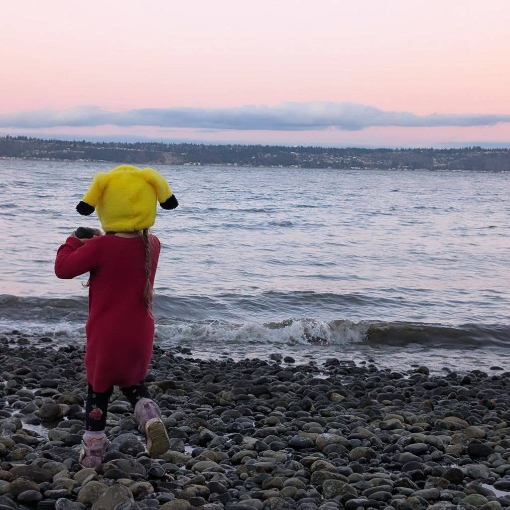Child in red coat and yellow animal hat stands on rocky shore by water.