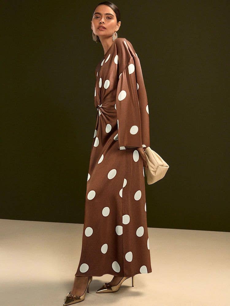 Chocolate Brown Spot Twist Front Long Sleeve Satin Maxi Dress