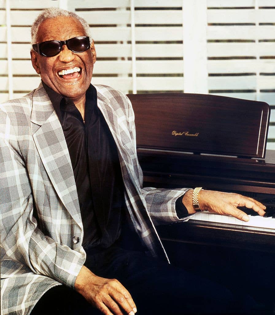 Singer Ray Charles sitting at the piano in his home studio in Los Angeles in May 1995.