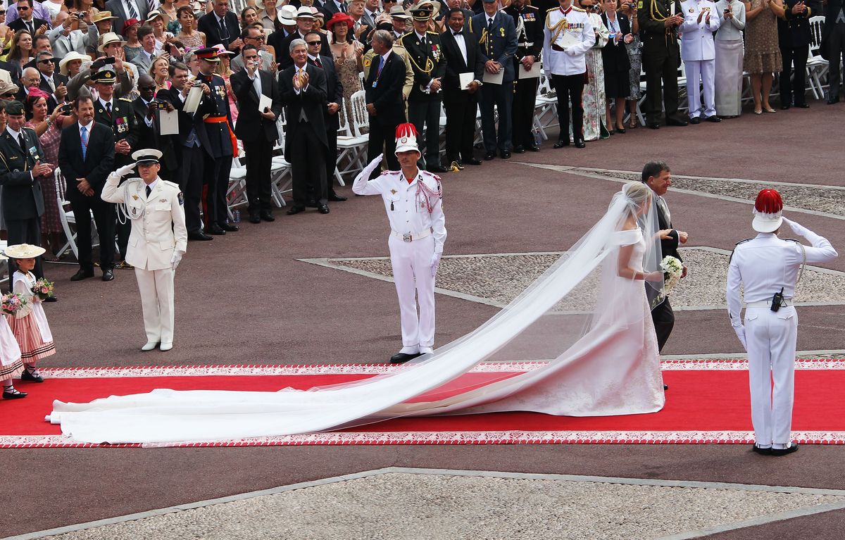 Princess Charlene of Monaco and Michael Kenneth Wittstock arrive at the religious ceremony 