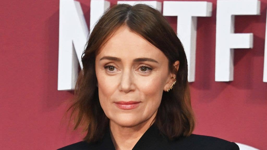 Keeley Hawes wearing a black blazer 