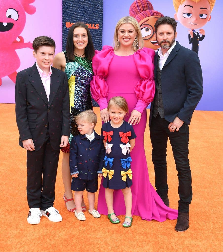 Seth Blackstock, Remington Alexander Blackstock, Savannah Blackstock, Kelly Clarkson, River Rose Blackstock, and Brandon Blackstock  arrives at the STX Films World Premiere Of "UglyDolls"  at Regal Cinemas L.A. Live on April 27, 2019 in Los Angeles, California