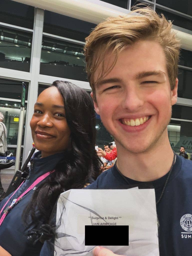 Iain Armitage poses for a selfie while celebrating his 18th birthday on a United Airlines flight, shared on Instagram