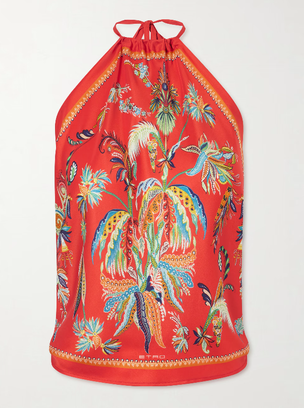 Printed silk-satin halterneck top
