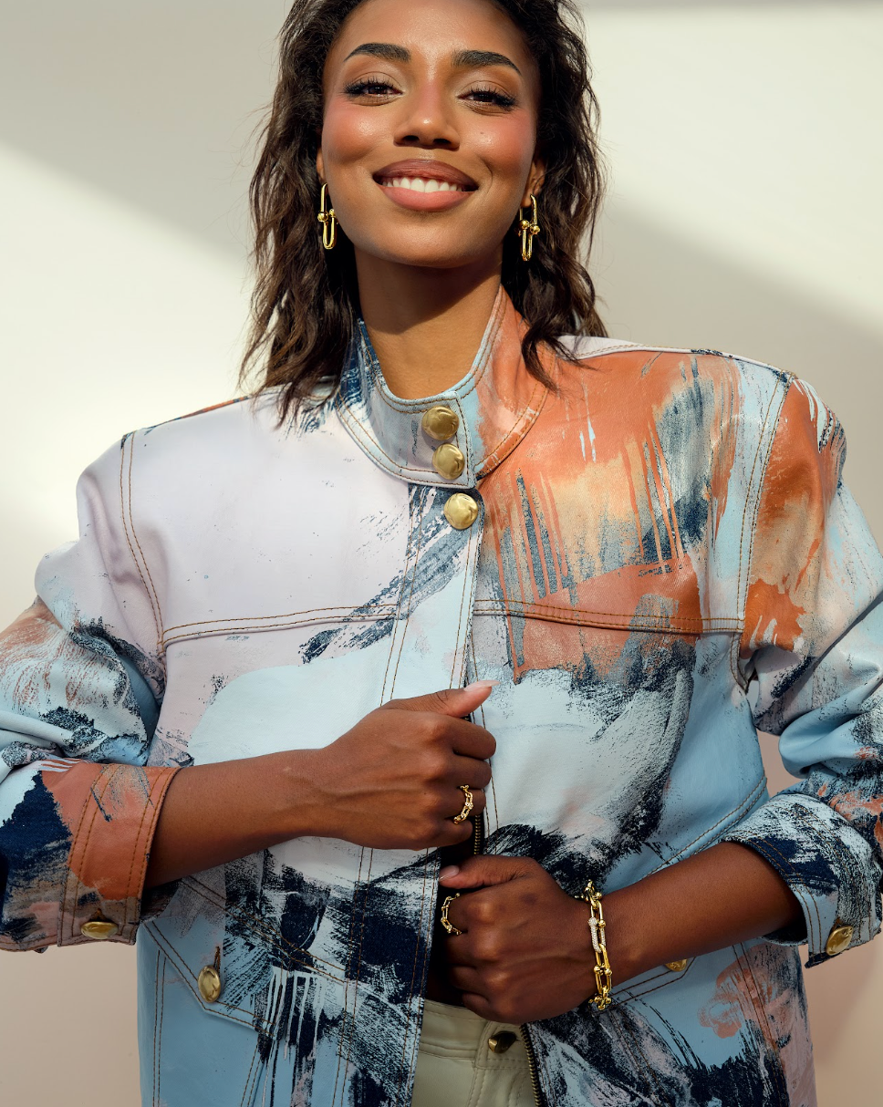 Jacket, £429, Aje, Earrings, £7,800, Bracelet, POA, Rings, (right hand), £6,150, (left hand), £6,150, all Tiffany & Co