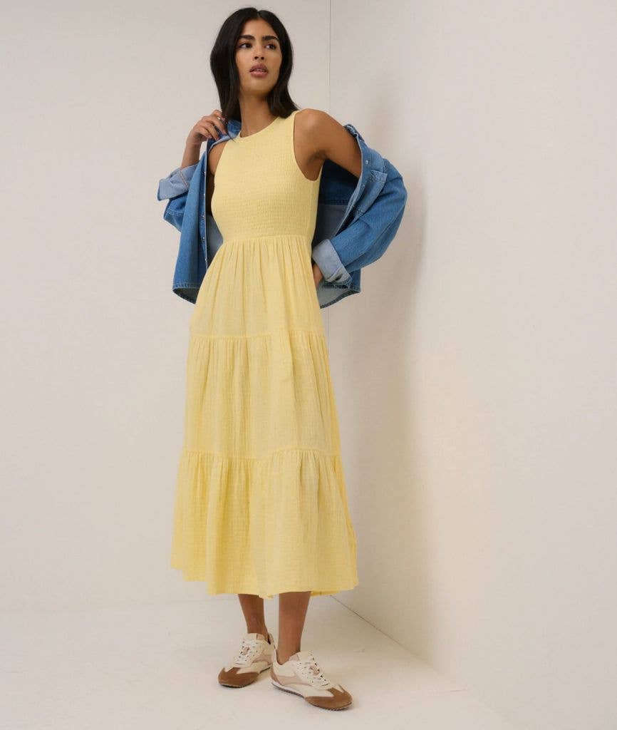 Nobody's Child Yellow Sleeveless Tiered Charlie Midi Dress