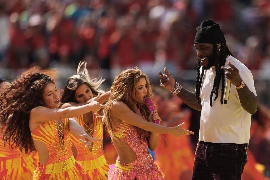 Shakira with Burna Boy performing during the halftime show