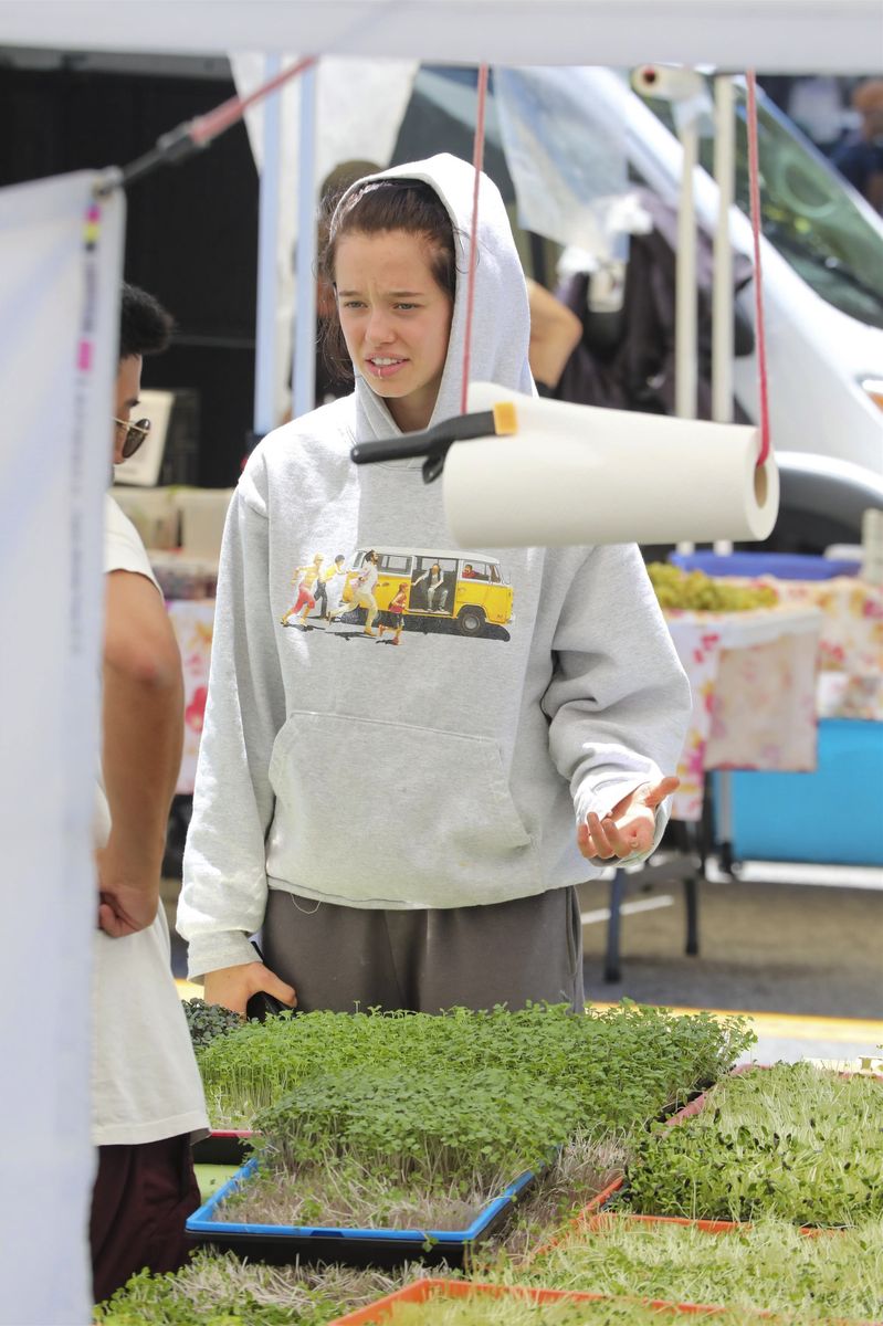Shiloh Jolie opted for her signature laid-back style in an oversized graphic hoodie, sweatpants, and Crocs while browsing the market.