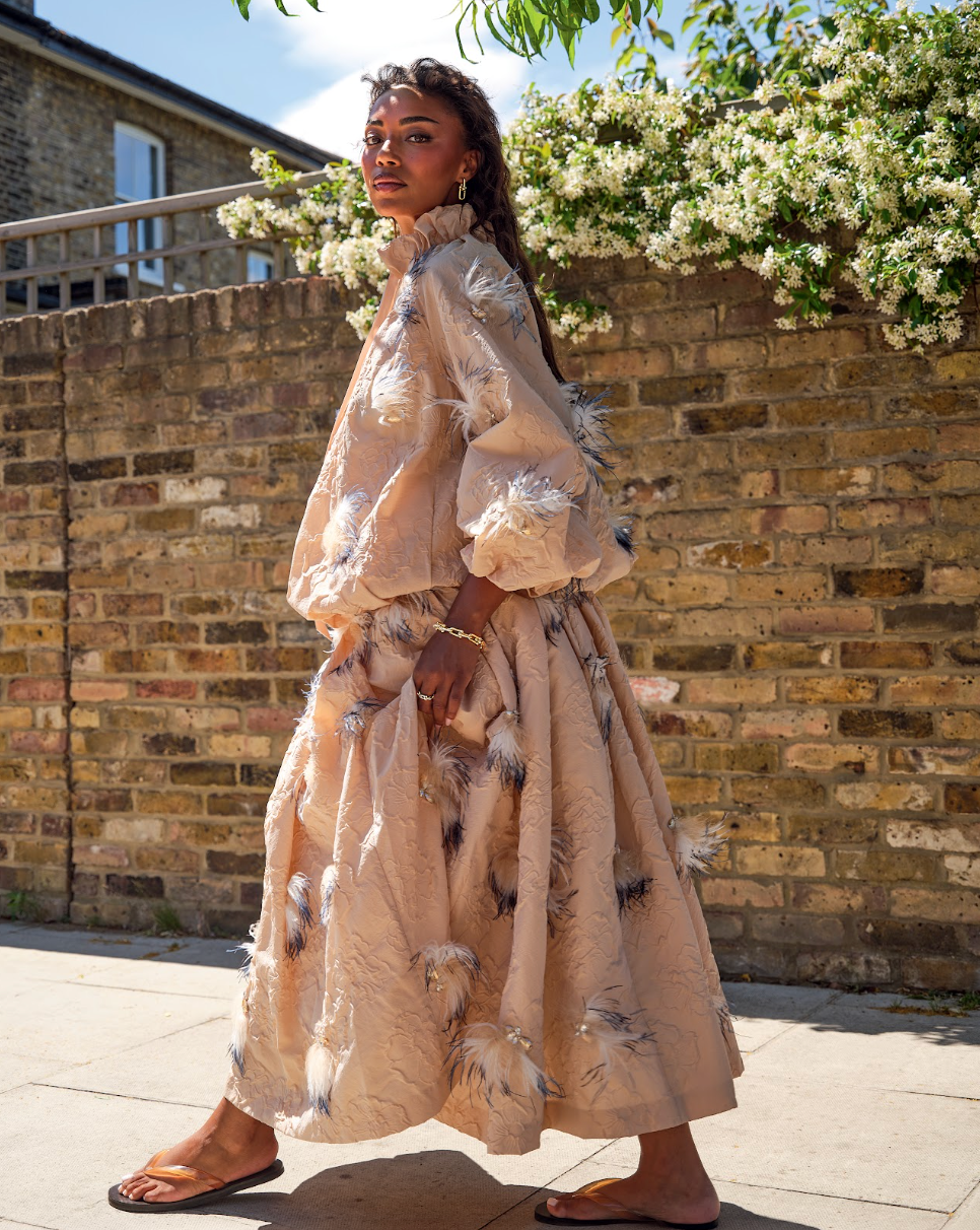 Jacket, POA, Skirt, POA, both Ulla Johnson, Flip-flops, £115, Ancient Greek Sandals at Koibird, Earrings, £4,650, Ring, £6,150, Bracelet, POA, all Tiffany & Co, Dress, £2,650, Zimmermann, Earrings, £7,400, Ring, £7,050, Bracelet, POA, all Tiffany & Co