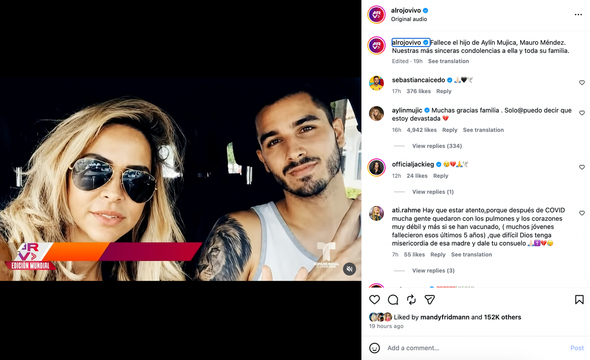 Aylín Mujica said she was “devastated” in her first public response to her son’s sudden death.