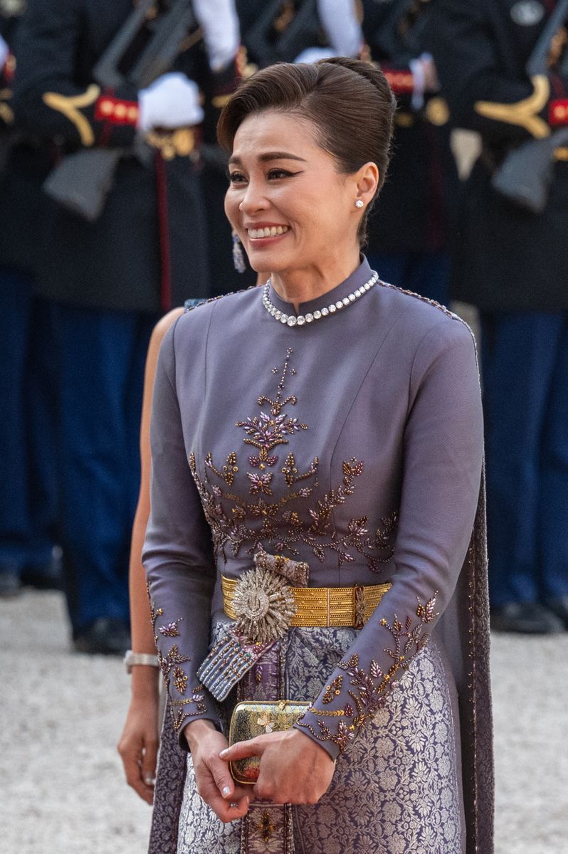 Majesty Queen Suthida Bajrasudhabimalalakshana of Thailand seen in close-up portrait during a state visit at the Elysee Presidential Palace in Paris