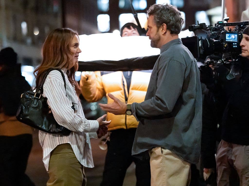 Katie and Joshua Jackson are seen on set of "Happy Hours" 