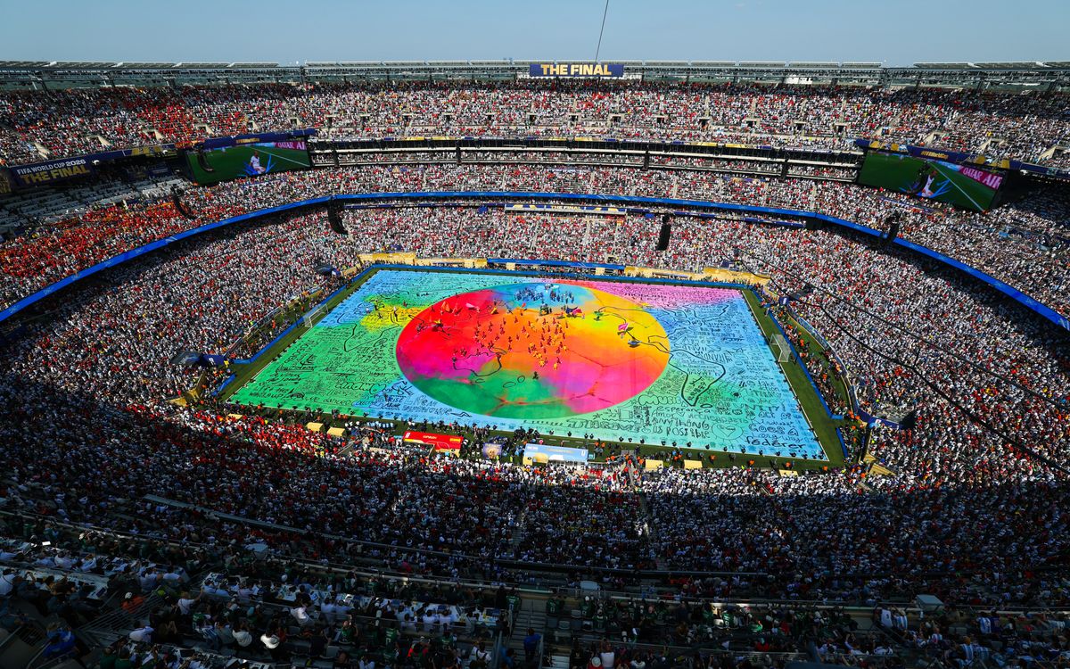 A general view of the first dedicated halftime show in World Cup final history, featuring more than 350 performers at New York-New Jersey Stadium.