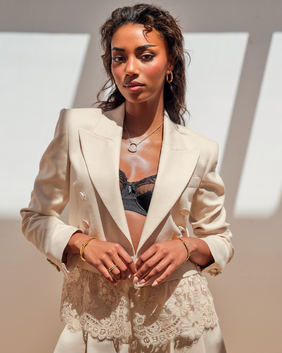 Blazer, £1,675, Trousers, £1,000, both Zimmermann Bralet, £42, Intimissimi, Earrings, £7,050, Necklace, £13,400, Rings, £3,500 each, Bracelets, (right hand) £7,000, (left hand), POA, all Tiffany & Co