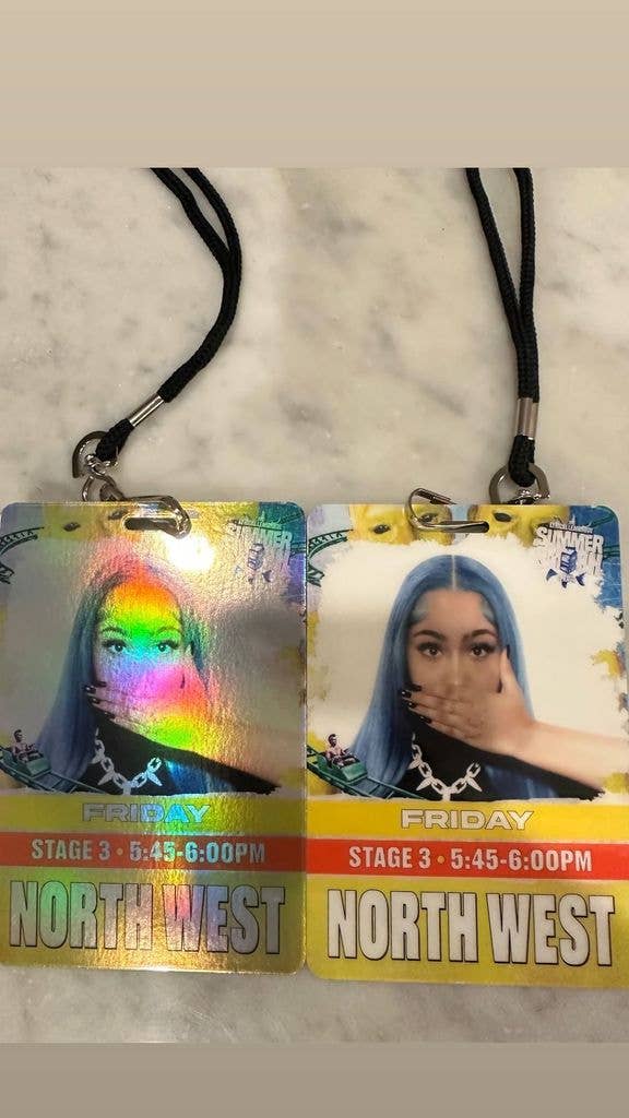 Two lanyards with laminated cards for Summer Friday North West event, featuring a woman with blue hair.