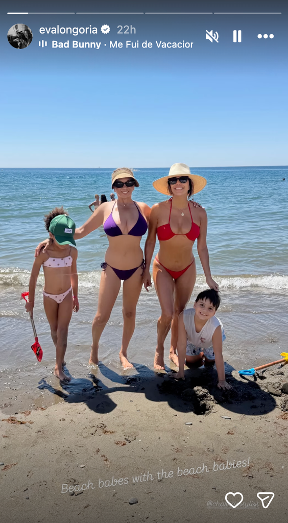 Eva Longoria in a red bikini on beach with family