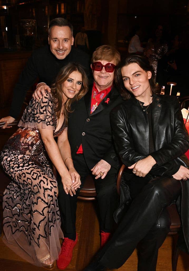  David Furnish, Elizabeth Hurley, Sir Elton John and Damian Hurley attend "The Devil Wears Prada Musical" charity gala night after party in support of the Elton John Aids Foundation at The British Museum on December 1, 2024 in London, England. 