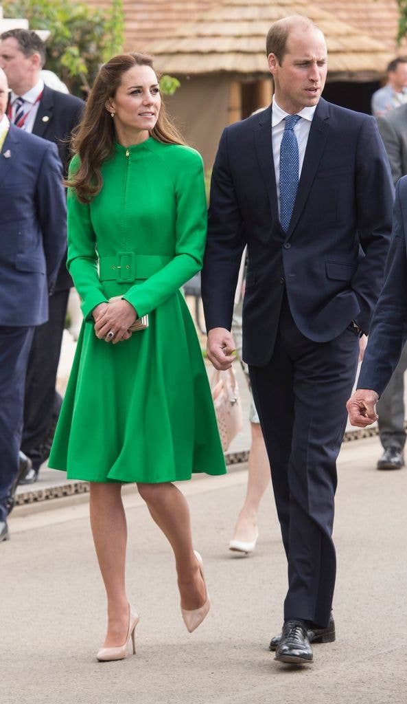 Catherine in green dress and Prince William in suit