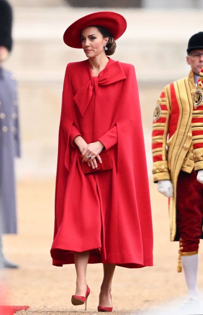 Catherine looked radiant in a red Catherine Walker cape and coat dress, completing the look with a matching Jane Taylor hat and suede pumps, for the start of South Korean President Yoon Suk Yeol and First Lady Kim Keon Hee's state visit to the UK in 2023.