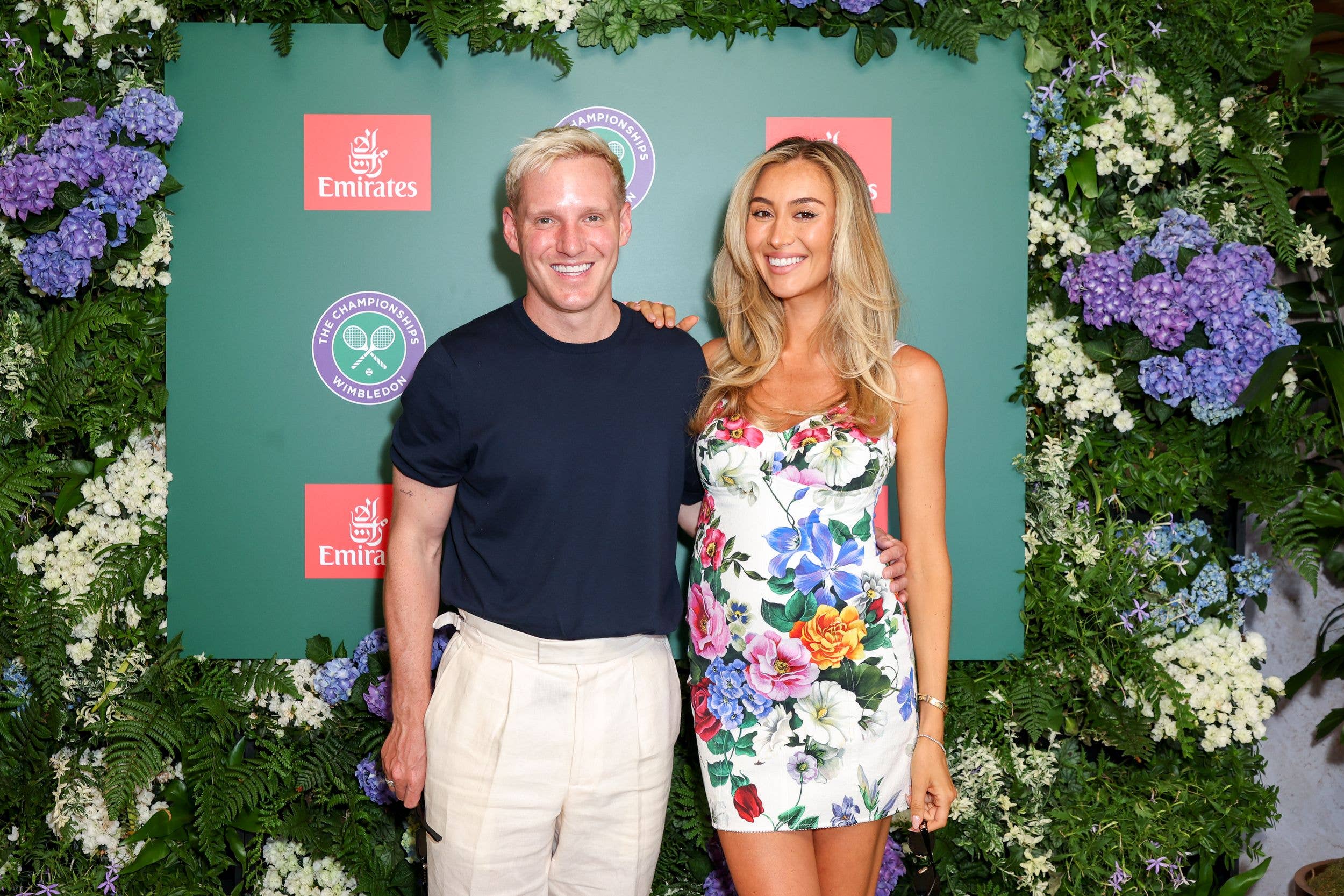 WIMBLEDON, ENGLAND - JULY 11: Jamie Laing and Sophie Habboo attend as guests of Emirates, Official Airline Partner of The Championships, Wimbledon on July 11, 2025 in Wimbledon, England. (Photo by Hoda Davaine/Getty Images for Emirates)
