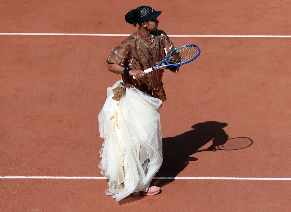PARIS, FRANCE - MAY 28: Naomi Osaka of Japan is seen wearing a dress collaberated wit Nike and Londonâbased fashion designer Robert Wun prior to her second round match against Donna Vekic of Croatia during Day Five of the 2026 French Open at Roland Garros on May 28, 2 026 in Paris, France. (Photo by Ian MacNicol/Getty Images)