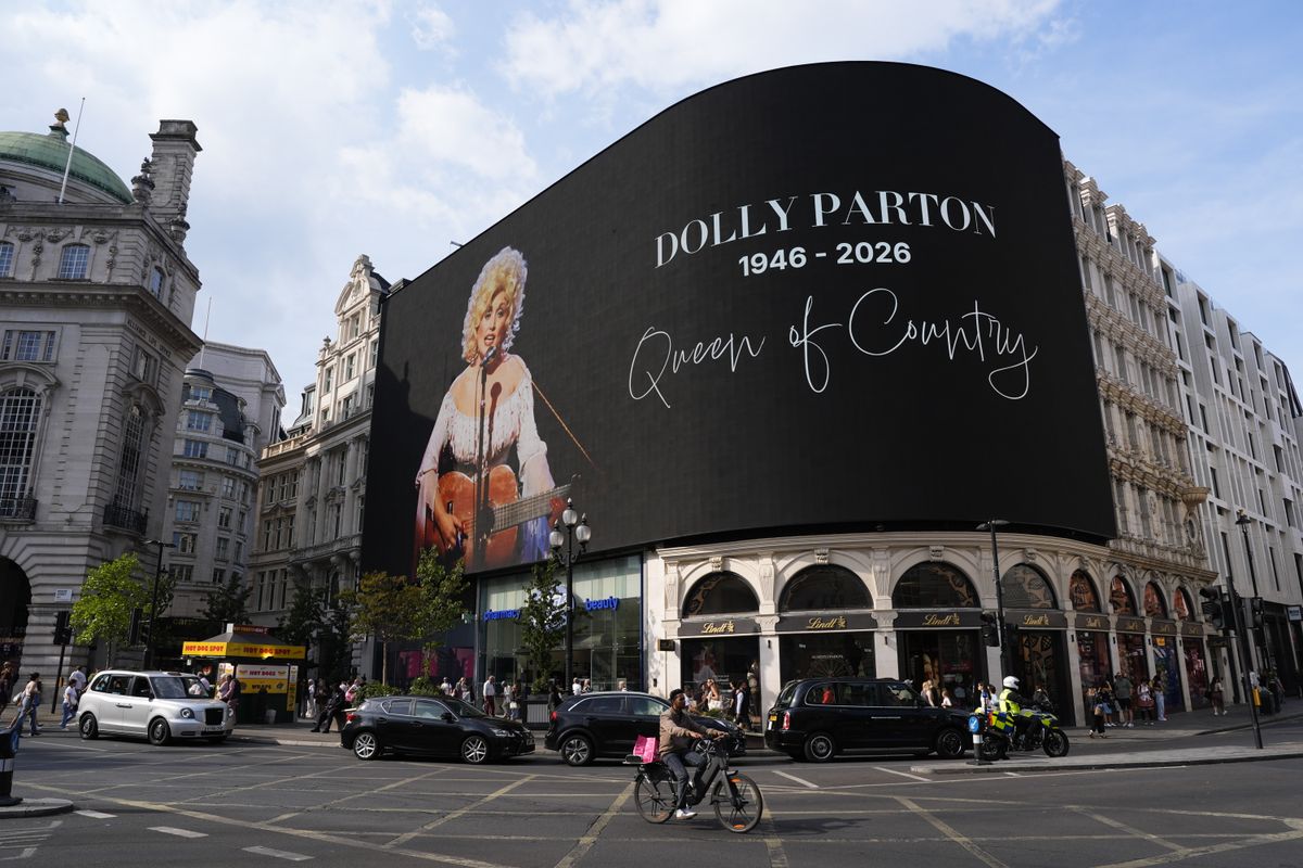 A screen on Piccadilly Circus, central London, displaying a tribute to Dolly Parton. The death of the country superstar was announced by Parton's family on Tuesday night following a "brief battle with cancer"