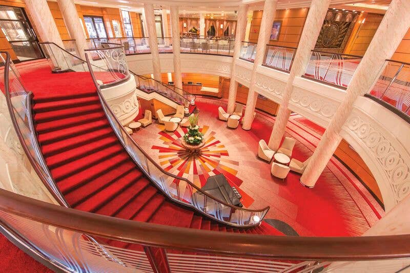 The vast central lobby aboard the QM2