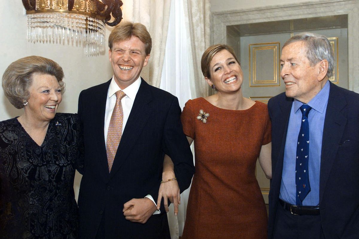 Queen Beatrix and Prince Claus share a laugh with their son, then-Crown Prince Willem-Alexander, and Máxima ahead of the couple's engagement announcement in 2001.