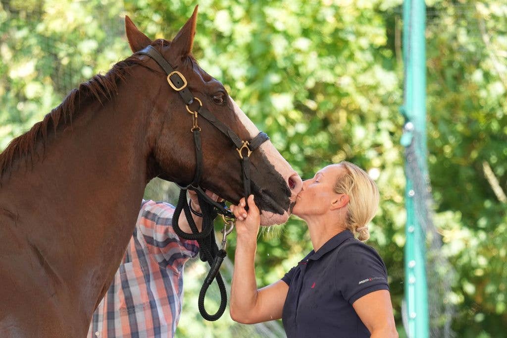Zara Tindall in a black polo shirt kisses a brown horse on the nose.